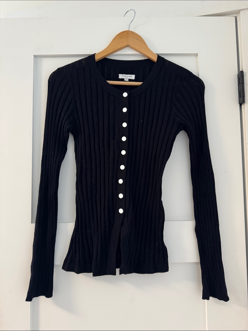Petite Studio Black Ribbed Button-Front Cardigan